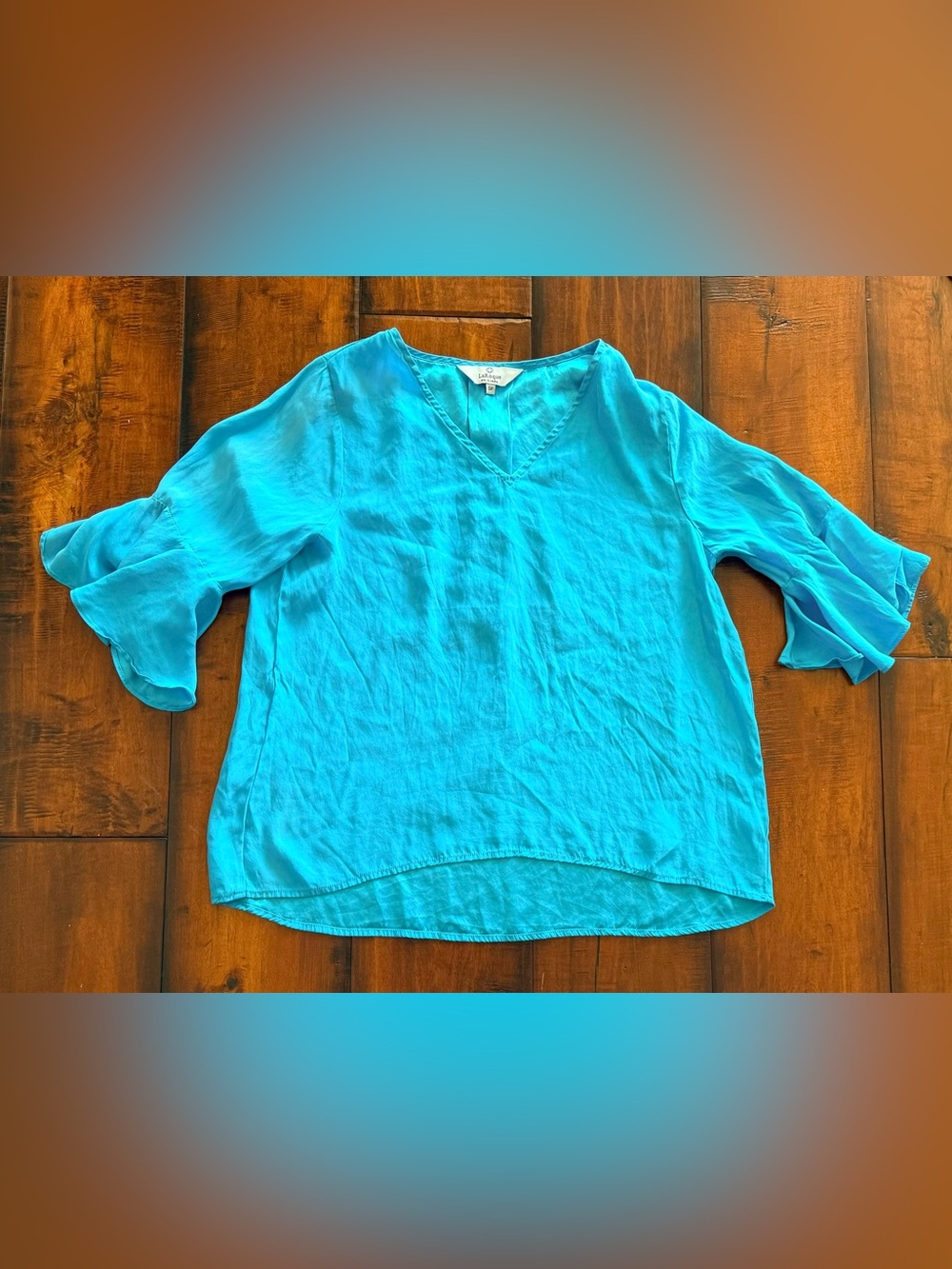 Women's Turquoise V-Neck Linen Tunic with Ruffle Sleeves